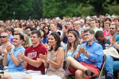Students and parents gathered on the Quad for the orientation welcome ceremony.