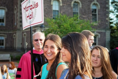 Members of Marquis Hall share a laugh during the processional.