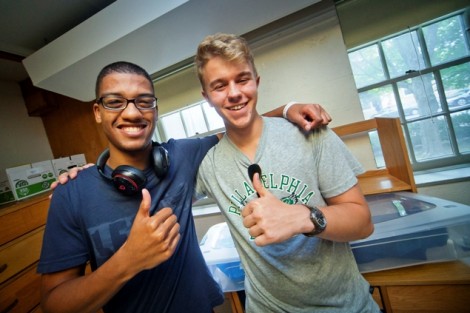 Roommates Ryan Cope ’18 and Chris Ehrhardt ’18 meet for the first time in their McKeen Hall dorm room.