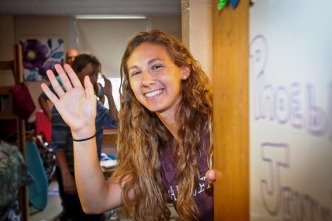 Phoebe Silos ’18 waves from her new dorm room.