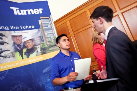 Mike Trejo ’12 of Turner Construction speaks with students about his company.