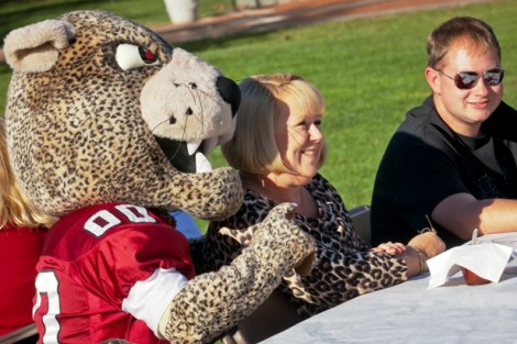 The Leopard visits with some parents.