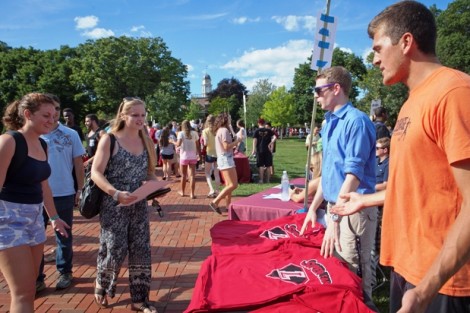 Student Government distributes Lafayette Super Fan t-shirts.