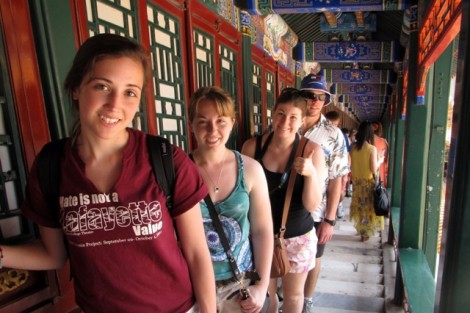 Hannah Komar '13 (l-r), Taylor Miller '13, Kelsey Theriault '13, and Daniel Choroser '13 pose in a traditional corridor in the Summer Palace in Beijing. The interim course focused on historical and contemporary issues in China.