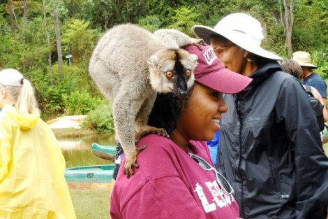Taneesha Tate-Robinson ’13 interacts with some local wildlife in Madagascar.