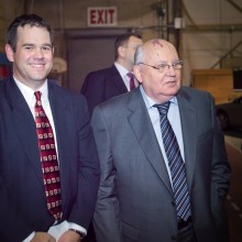 Professor Josh Sanborn with Mikhail Gorbachev, the former leader of the Soviet Union, who delivered a major address titled “Perspectives on Global Change” at Kirby Sports Center.