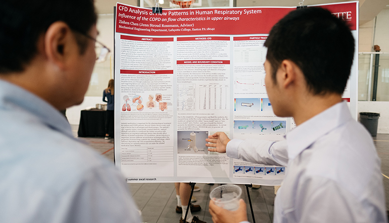 Inhalers are design to transport medicine into the lungs. But what happens when the airways are clogged with mucus? Thus is the fate of patients living with Chronic Obstructive Pulmonary Disease (COPD), which includes diseases like emphysema and chronic bronchitis. Zishen Chen ’19 and his advisor Jenn Rossmann, assistant professor of mechanical engineering, set out to research how to make inhalers more effective by studying the mechanics of human airflow. “Getting particles through the congestion is the challenge,” says Chen, who is pursuing a degree in mechanical engineering. Mucus in the trachea is often ignored in airflow simulations. Consequently determining the optimized drug particle size by modeling lung geometry and fluid patterns into ‘mucus models’ and ‘non-mucus models’ may make a big difference in the quality of the treatment.