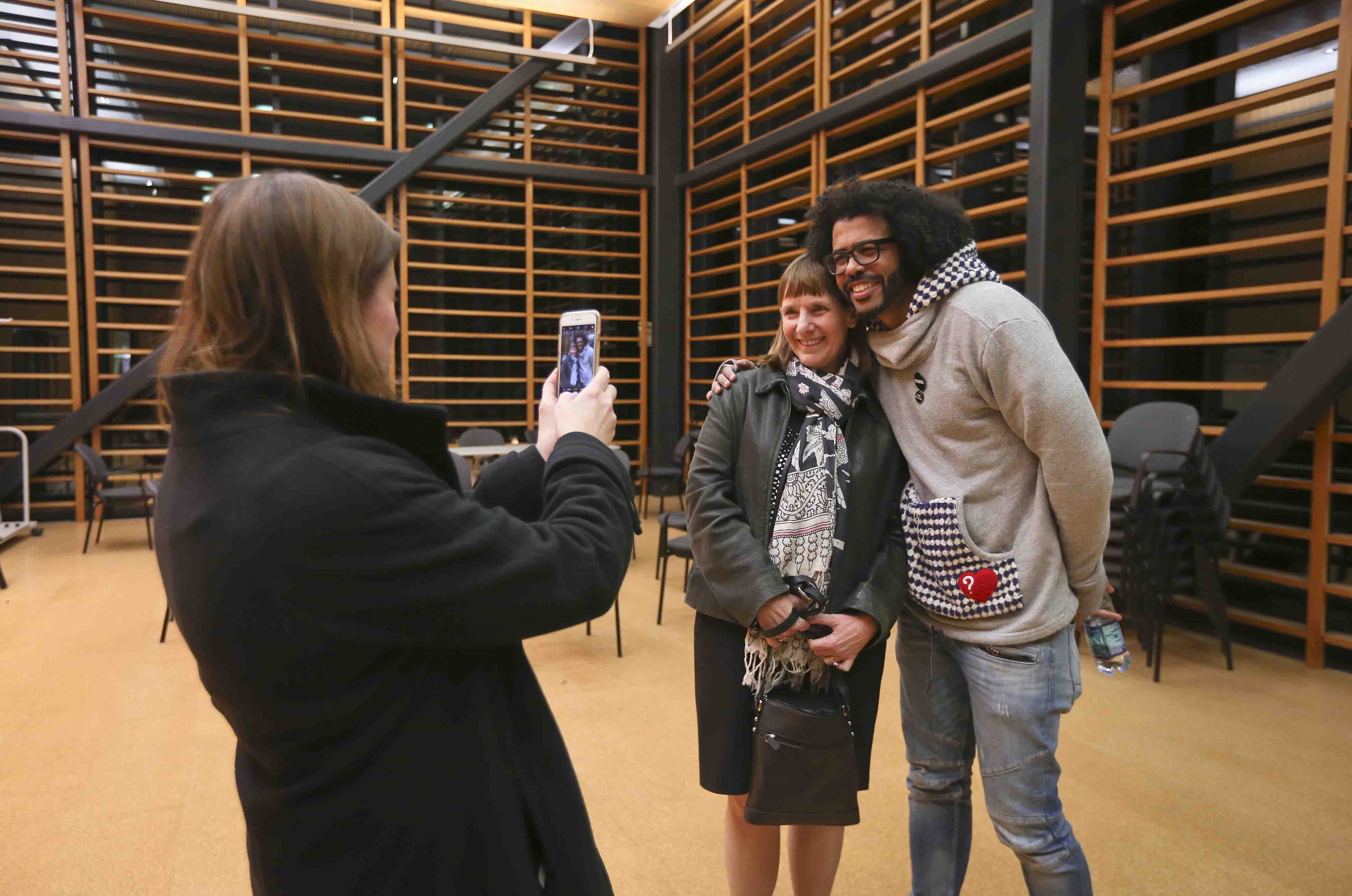 Hamilton star Daveed Diggs poses for a photo with Lafayette College President Alison Byerly.