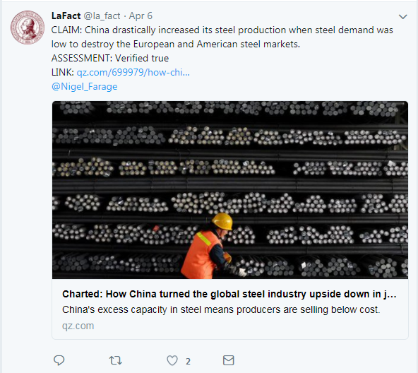 A tweet confirming China drastically increased its steel production when steel demand was low to destroy the European and American steel markets.