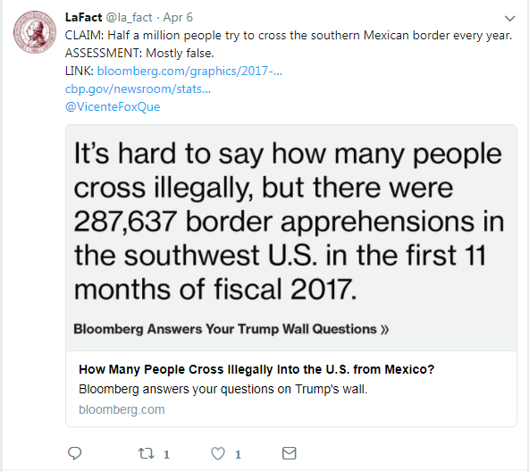 A tweet fact checking about illegal border crossings from Mexico