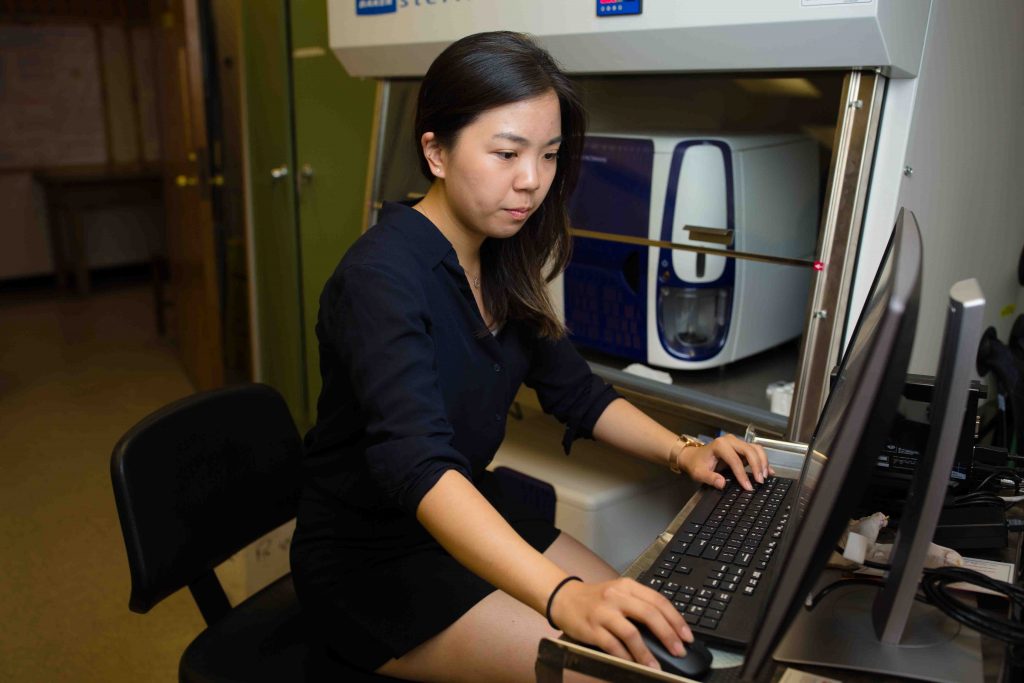 Chenyu Zhang works at a desktop computer.
