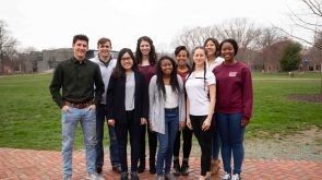 Nine of the Lafayette College students who presented their work at the National Conference on Undergraduate Research at University of Oklahoma in April 2018 pose for a photograph in front of Farinon College Center.