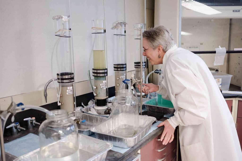 Civil and environmental engineering professor Mary Roth works in the lab on the biofilm project intended to help with erosion control.