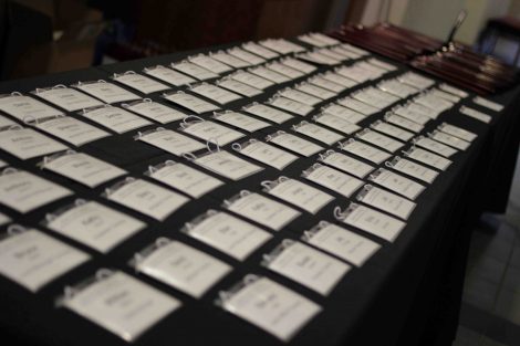 Name tags laid out on a table