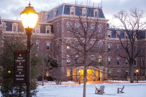 The snow-covered Quad and Pardee Hall