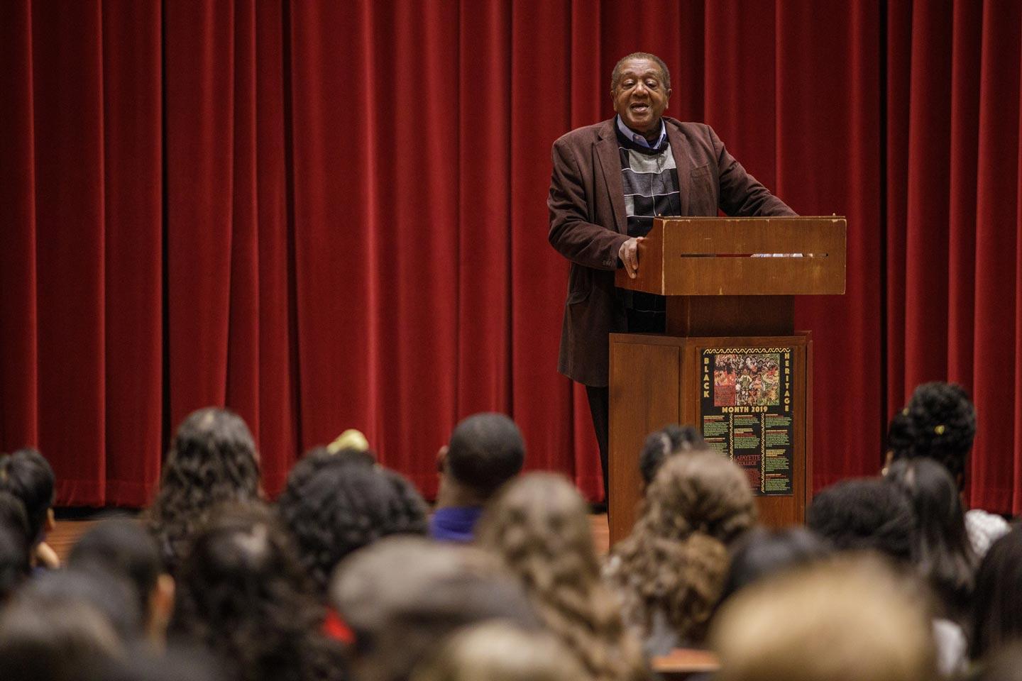 Bobby Seale, co-founder and national chairman of the Black Panther Party, addresses a crowd in Colton Chapel Feb. 12 as Lafayette’s Black History Month keynote speaker.