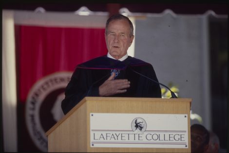 George H. W. Bush gives the commencement address at Lafayette College in 1998