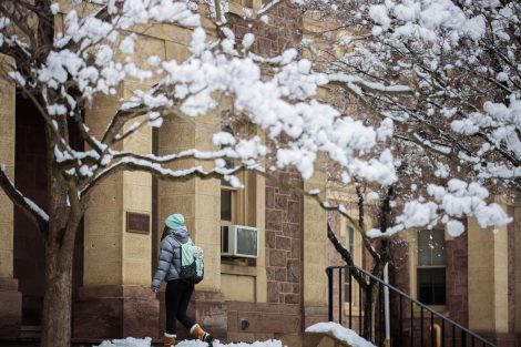 A student walks into Pardee Hall, with snow-covered tree branches in the foreground.