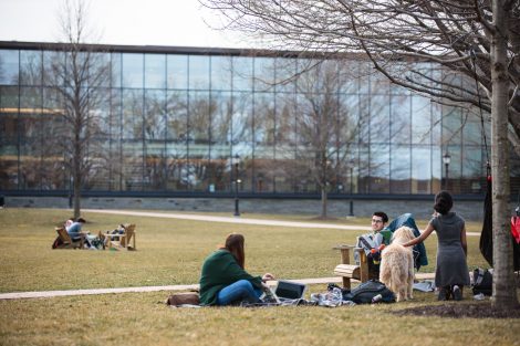 students sit on the quad in spring at lafayette College