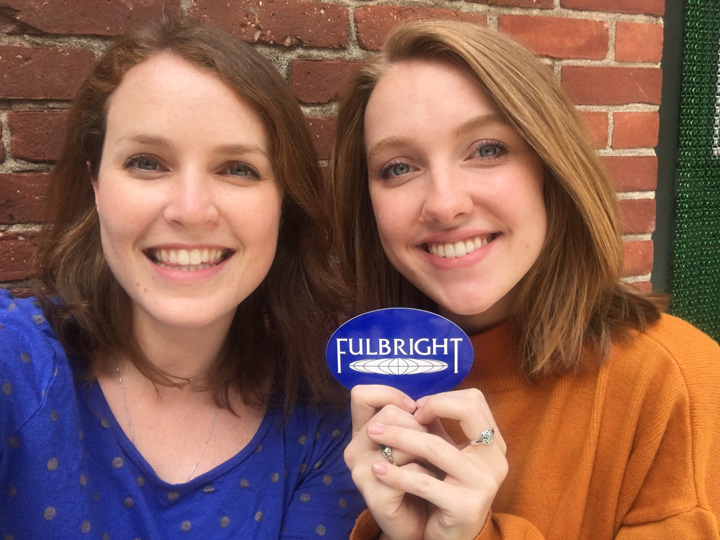 Elizabeth Lucy '15 and Jacqueline Cobb '19 share a Fulbright moment. Cobb is headed to India to teach at the same all-girls school where Lucy spent the past year as a 2018 Fulbright scholar.
