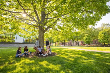 students relax on lafayette's quad on a warm sunny day
