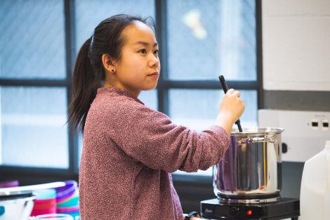 Theresa Dao ’20 stirs a pot of raw milk, bringing it to 90 degrees Fahrenheit, the right temperature for rennet.