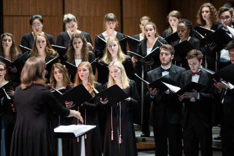 Students sing in the spring concert of the Concert Choir and Chamber Singers in the Williams Center for the Arts.