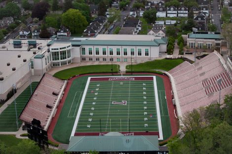 An aerial view of Lafayette College's Fisher Stadium and Kirby Sports Center