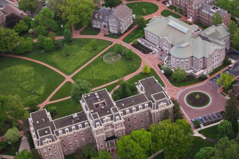 An aerial view of Lafayette College's Pardee Hall, Farinon College Center, and Hogg Hall