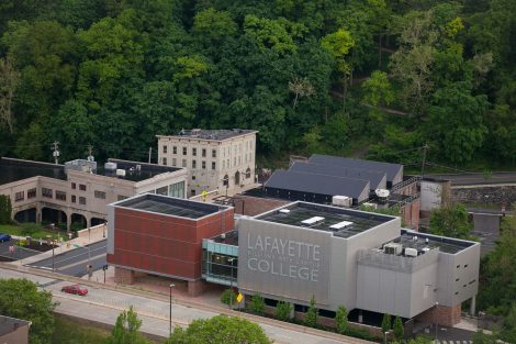An aerial view of Lafayette College's Buck Hall