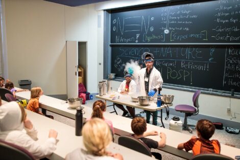 Students uses nitrogen during a science demonstration