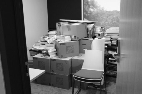 Boxes being unpacked in an office in Rockwell Integrated Sciences Center
