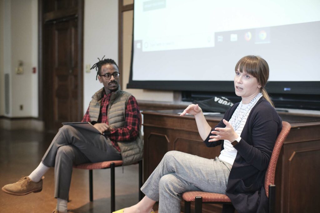 Kate Hope Day discusses writing with faculty, students, and guests in Kirby Hall of Civil Rights