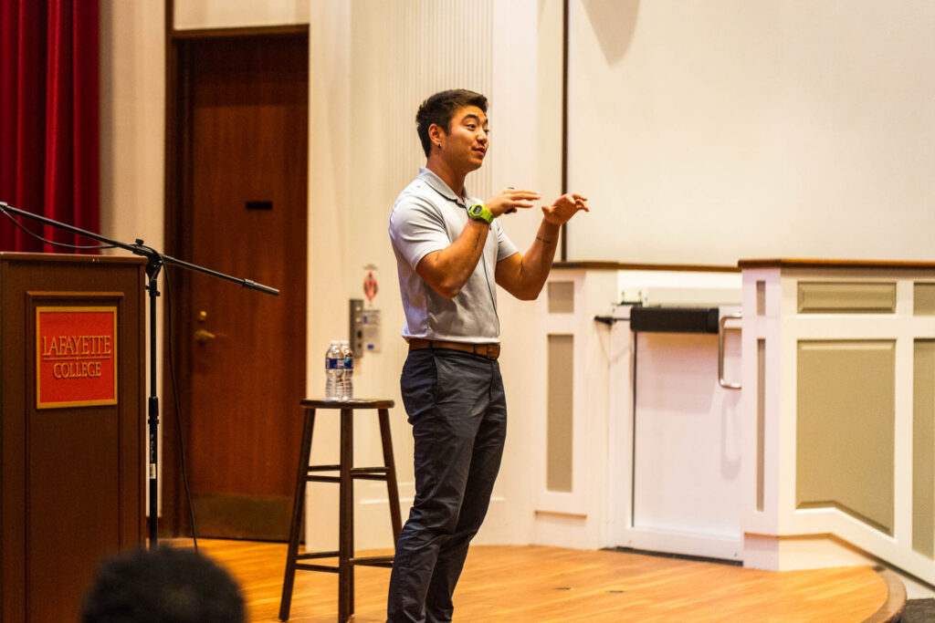 Schuyler Bailar speaks to the audience at Lafayette College's Colton Chapel.