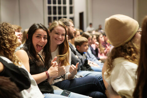 Students in the audience at Colton Chapel laugh while The Office star Brian Baumgartner, who portrayed Kevin Malone, speaks.
