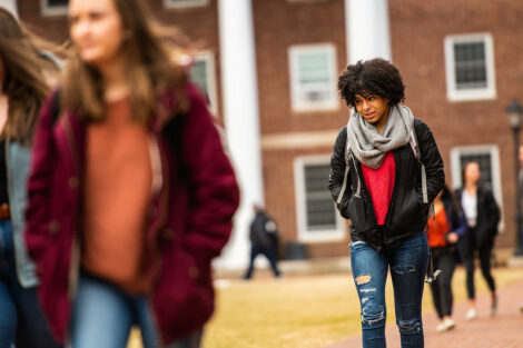 Students walk on campus on the first day of spring semester.