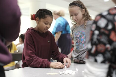 Students work together to build with marshmallows and toothpicks