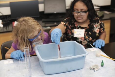 Elementary students put in drops of food coloring