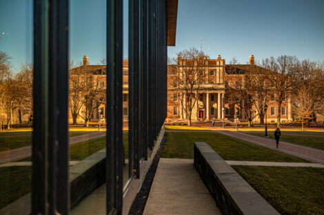 Markle Hall reflected in Skillman Library