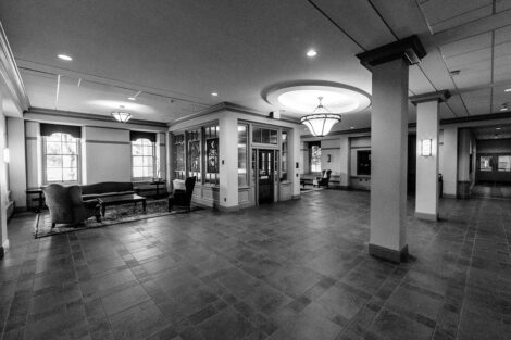 Black and white image of the lobby of Pardee Hall.