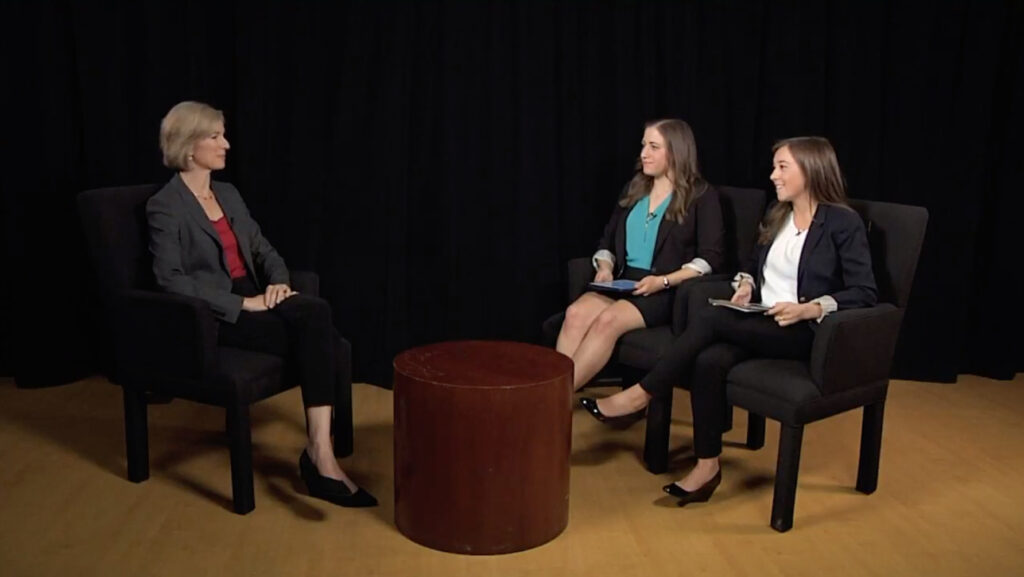 Hannah Doherty '19 (far right) and Danielle Wolf ’17 interview Jennifer Doudna in May 2017.