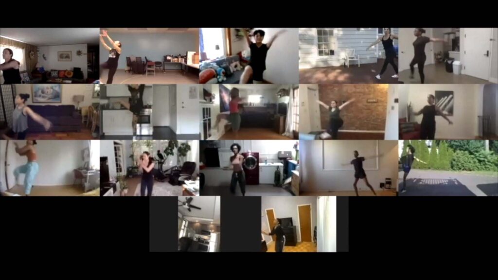 Zoom image of dancers at various locations practicing a group routine