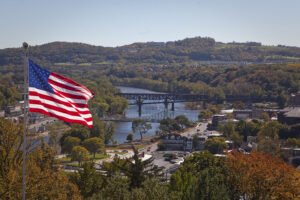 An overhead view of Easton including an American flag