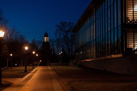 dawn on campus with Skillman and Colton