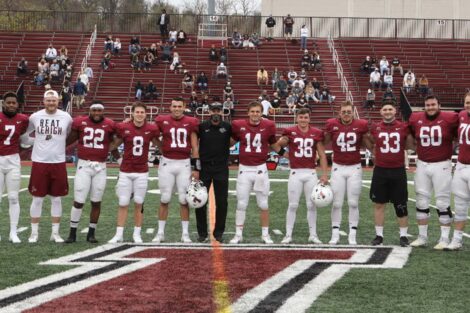 Lafayette College football players line up on Fisher Field for the 156 Rivalry