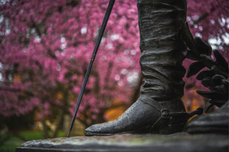 The boot and sword of a statue of Marquis de Lafayette; the background is pink flowers