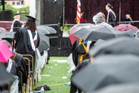 rain falls on Fisher Field, Commencement 2021