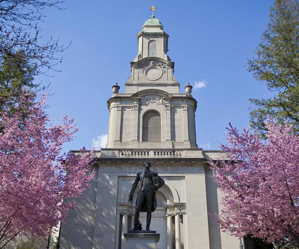 Colton Chapel with cherry blossom trees