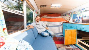 Remy Oktay '23 inside of converted bus.