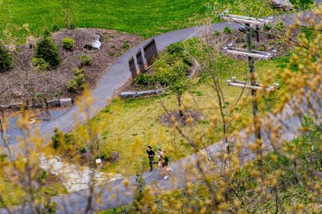 view of runners on the Karl Stirner Arts Trail from above